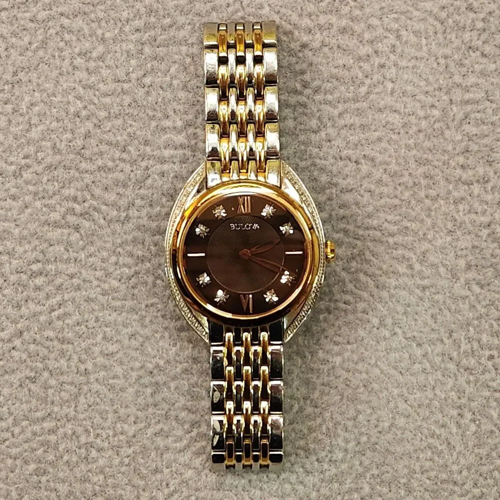Bulova Women's Watch 98R230 Quartz Diamond Brown Dial Rose Gold Silver Tone 30mm